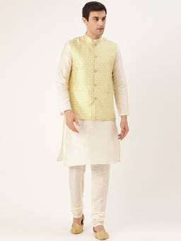 SOJANYA - Men Silk Blend Off White Kurta Pyjama & Lime Green Nehru Jacket (Set of 3)