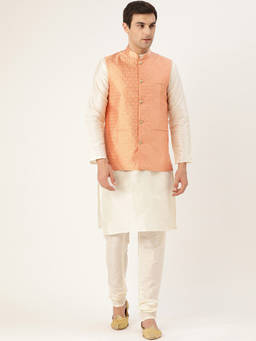 SOJANYA - Men Silk Blend Off White Kurta Pyjama & Peach Nehru Jacket (Set of 3)