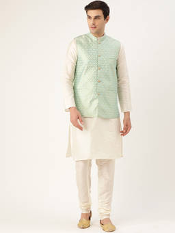 SOJANYA - Men Silk Blend Off White Kurta Pyjama & Sea Green Nehru Jacket (Set of 3)
