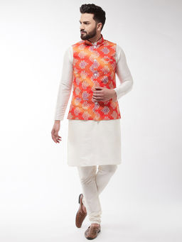 SOJANYA - Men Silk Blend Off White Kurta With Pyjama & Orange Printed Nehru Jacket (Set of 3)
