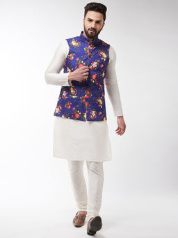 SOJANYA - Men Silk Blend Kurta With Pyjama & Royal Blue Printed Nehru Jacket (Set of 3)