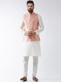 SOJANYA - Men Silk Blend Off White Kurta Pyjama & Peach Nehru Jacket (Set of 3)