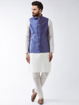 SOJANYA - Men Silk Blend Off White Kurta Pyjama & Royal Blue Nehru Jacket (Set of 3)