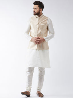SOJANYA - Men Silk Blend Off White Kurta Pyjama & Beige Nehru Jacket (Set of 3)