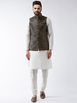 SOJANYA - Men Silk Blend Off White Kurta Pyjama & Black Nehru Jacket (Set of 3)