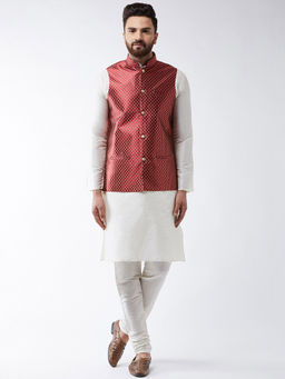SOJANYA - Men Silk Blend Off White Kurta Pyjama & Maroon Nehru Jacket (Set of 3)