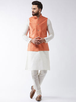 SOJANYA - Men Silk Blend Off White Kurta Pyjama & Orange Nehru Jacket (Set of 3)