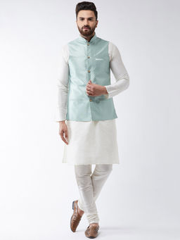 SOJANYA - Men Silk Blend Off White Kurta Pyjama & Sea Green Nehru Jacket (Set of 3)