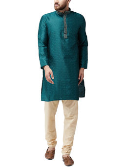 SOJANYA - Silk Teal Green Kurta And Beige Pyjama (Set of 2)