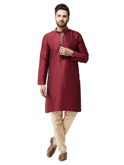 SOJANYA - Silk Maroon Kurta And Beige Pyjama (Set of 2)