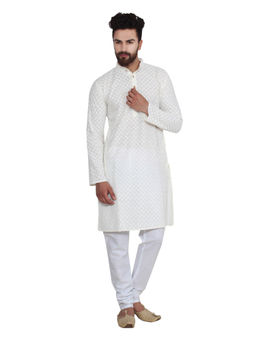 SOJANYA - Cream Men 100% Cotton Chikan Kurta & Churidaar Pyjama (Set of 2)