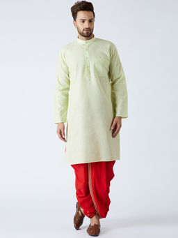 SOJANYA - Cotton Linen Lime Green Kurta And Red Dhoti (Set of 2)