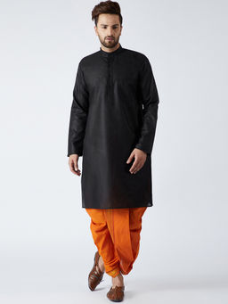 SOJANYA - Cotton Linen Black Kurta and Orange Dhoti Pant (Set of 2)
