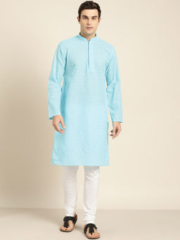SOJANYA - Men Pure Cotton Skyblue Chikankari Kurta & White Churidar Pyjama (Set of 2)