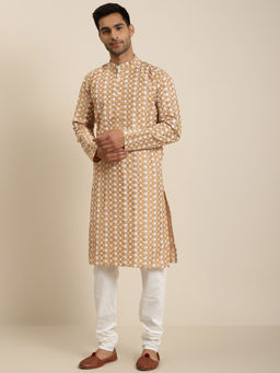 SOJANYA - Mens Silk Blend Dark Gold Embroidered Kurta & White Churidar Pyjama (Set of 2)