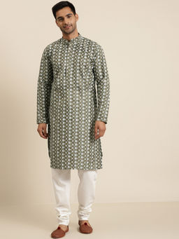 SOJANYA - Mens Silk Blend Olive Embroidered Kurta & White Churidar Pyjama (Set of 2)
