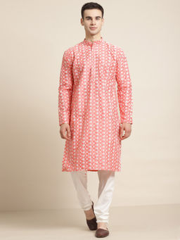 SOJANYA - Mens Silk Blend Peach Embroidered Kurta & White Churidar Pyjama (Set of 2)