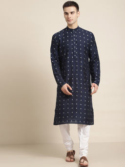 SOJANYA - Mens Cotton Navy Blue Self design Kurta & White Churidar Pyjama (Set of 2)