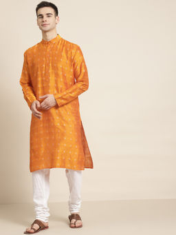 SOJANYA - Mens Cotton Orange Self design Kurta & White Churidar Pyjama (Set of 2)