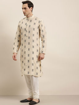 SOJANYA - Mens Cotton Beige & Black Kurta And Churidar Pyjama (Set of 2)