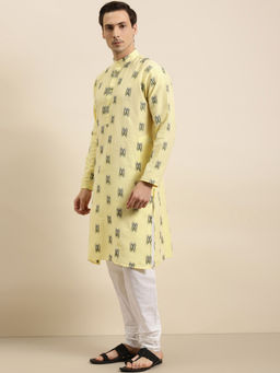 SOJANYA - Mens Cotton Light Yellow & Black Kurta And Churidar Pyjama (Set of 2)