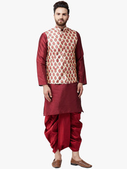 SOJANYA - Dupion Silk Maroon Kurta Dhoti And Printed Nehru Jacket (Set of 3)
