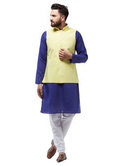 SOJANYA - Men Cotton Linen Royal Blue Kurta With White Pyjama & Lemon Nehru Jacket (Set of 3)