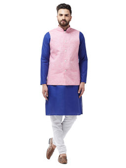 SOJANYA - Men Cotton Linen Royal Blue Kurta With White Pyjama & Pink Nehru Jacket (Set of 3)