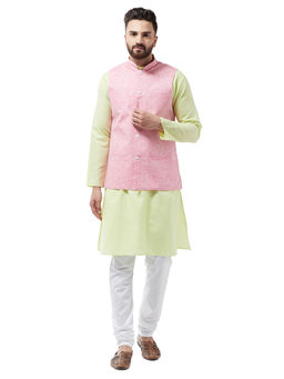 SOJANYA - Cotton Linen Lime Green Kurta With White Pyjama & Pink Nehru Jacket (Set of 3)
