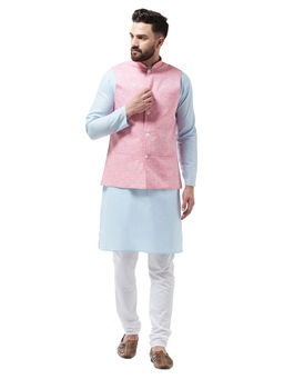 SOJANYA - Men Cotton Linen Sky Blue Kurta With White Pyjama & Pink Nehru Jacket (Set of 3)