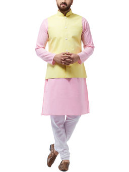 SOJANYA - Cotton Linen Pink Kurta With White Pyjama & Lemon Nehru Jacket (Set of 3)