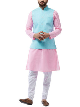 SOJANYA - Cotton Linen Pink Kurta With White Pyjama & Sky Blue Nehru Jacket (Set of 3)