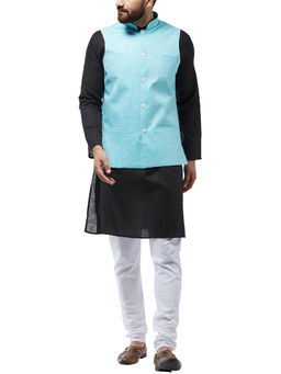 SOJANYA - Cotton Linen Black Kurta With White Pyjama & Sky Blue Nehru Jacket (Set of 3)