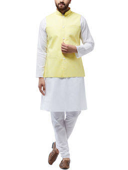 SOJANYA - Cotton Linen White Kurta With White Pyjama & Lemon Nehru Jacket (Set of 3)