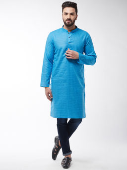 SOJANYA - Cotton Blend Peacock Blue Checked Only Long Kurta