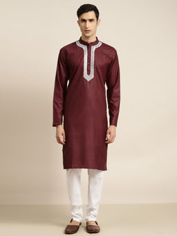 SOJANYA - Cotton Maroon Color With Neck Embroidery Only Kurta