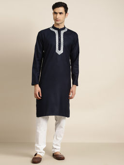 SOJANYA - Cotton Navy Blue Color With Neck Embroidery Only Kurta