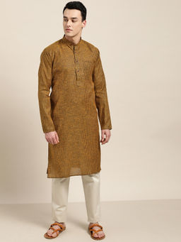 SOJANYA - Cotton Mustard& Dark Brown Striped Only Kurta