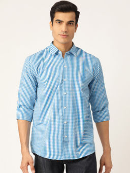 SOJANYA - Men Cotton Teal Blue & White Checked Casual Shirt