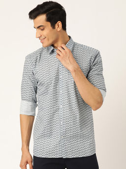SOJANYA - Mens Cotton Blue & OffWhite Printed Casual Shirt