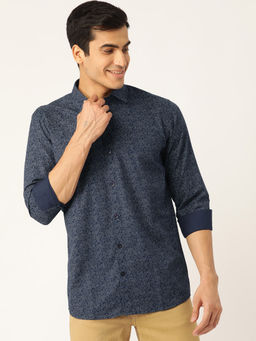 SOJANYA - Mens Cotton Navy Blue & Silver Printed Casual Shirt