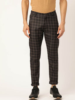 SOJANYA - Men Cotton Blend Black & Beige Checked Casual Trousers