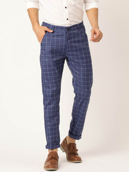SOJANYA - Men Cotton Blend Royal Blue & Blue Checked Casual Trousers