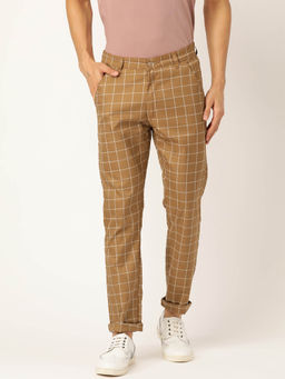 SOJANYA - Men Cotton Blend Khaki & OffWhite Checked Casual Trousers