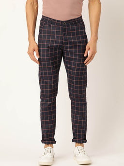 SOJANYA - Men Cotton Blend Navy Blue & Red Checked Casual Trousers