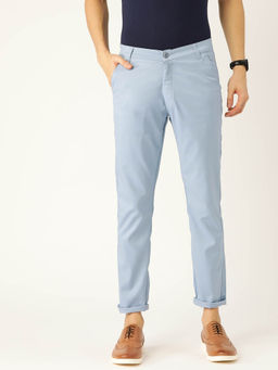 SOJANYA - Men Cotton Blend Blue Solid Casual Trousers