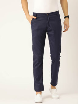 SOJANYA - Men Cotton Blend Navy Blue Solid Casual Trousers
