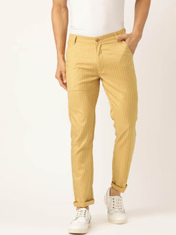 SOJANYA - Men Cotton Blend Gold & OffWhite Striped Casual Trousers