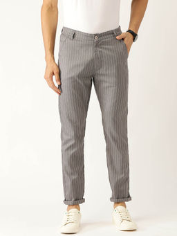 SOJANYA - Men Cotton Blend Grey & OffWhite Striped Casual Trousers
