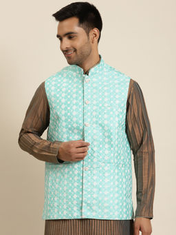 SOJANYA - Silk Blend Blue Embroidered Only Nehru Jacket